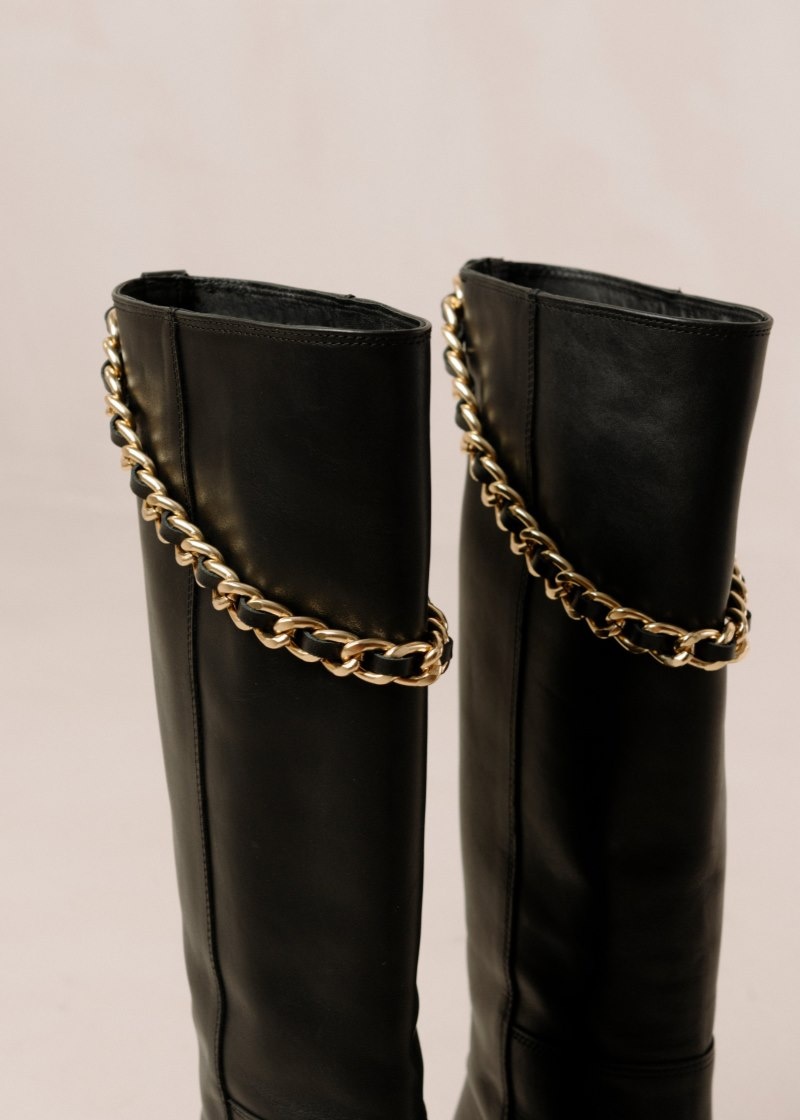 Women's Alohas Pier Leather Tall Boots With Chain Knee High Boots Black NZ | K3N-7866