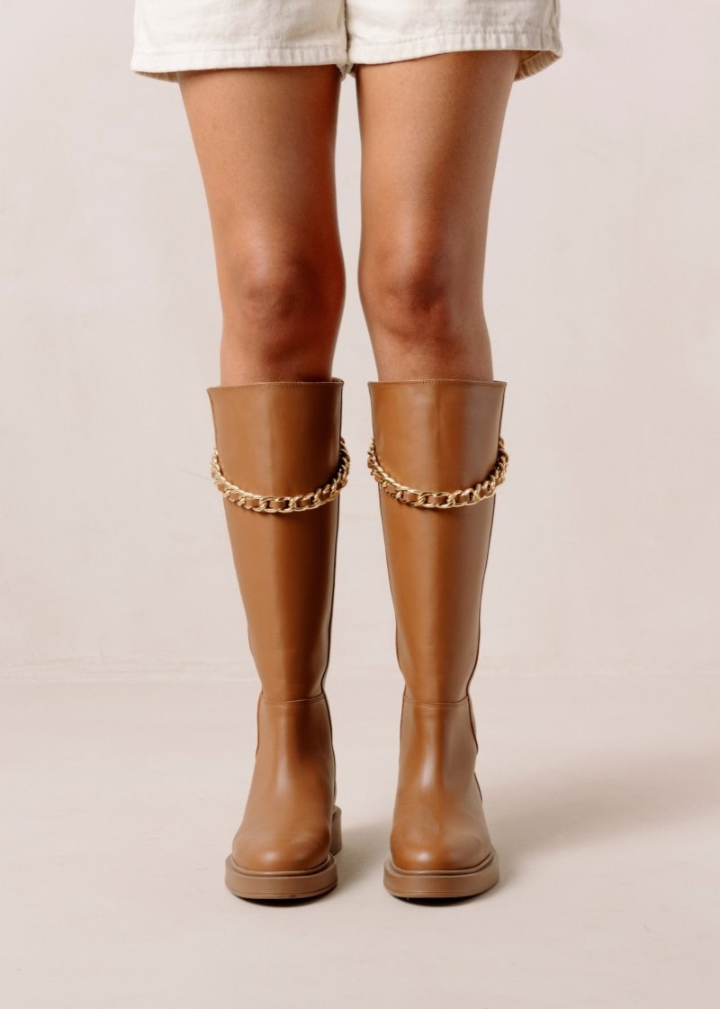 Women's Alohas Pier Leather Tall Boots With Chain Knee High Boots Brown NZ | B8C-8626