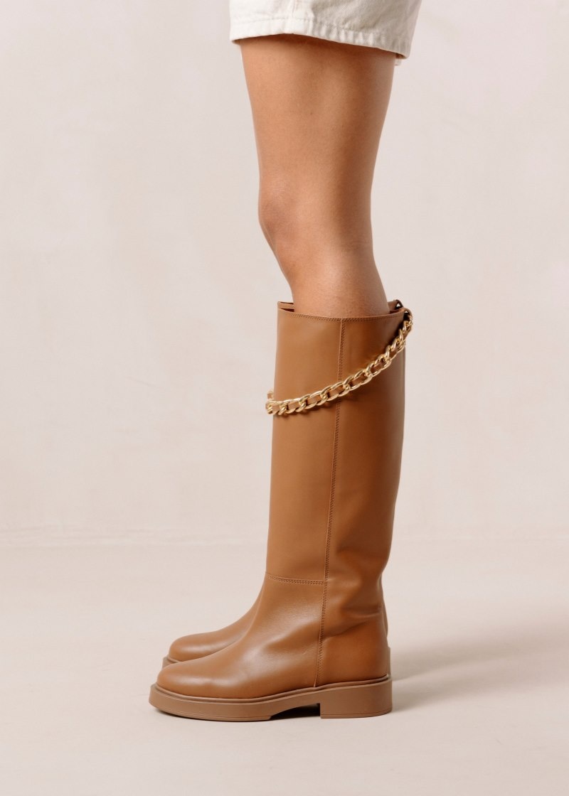 Women's Alohas Pier Leather Tall Boots With Chain Knee High Boots Brown NZ | B8C-8626