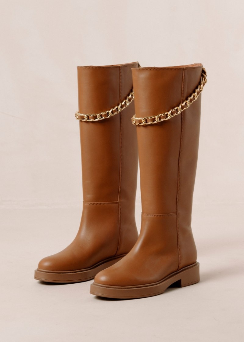 Women's Alohas Pier Leather Tall Boots With Chain Knee High Boots Brown NZ | B8C-8626