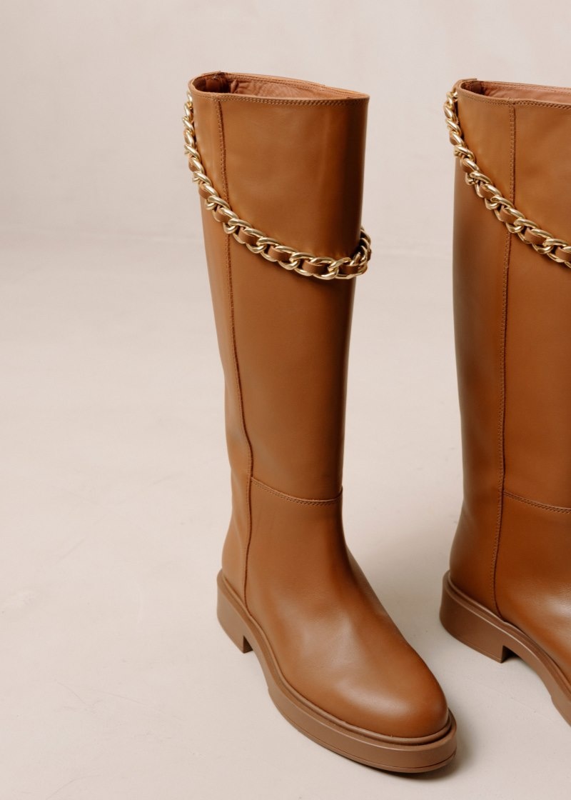 Women's Alohas Pier Leather Tall Boots With Chain Knee High Boots Brown NZ | B8C-8626