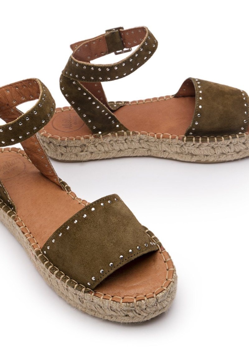 Women's Alohas Rome Suede Studded Espadrilles Sandals Green NZ | C9F-2456