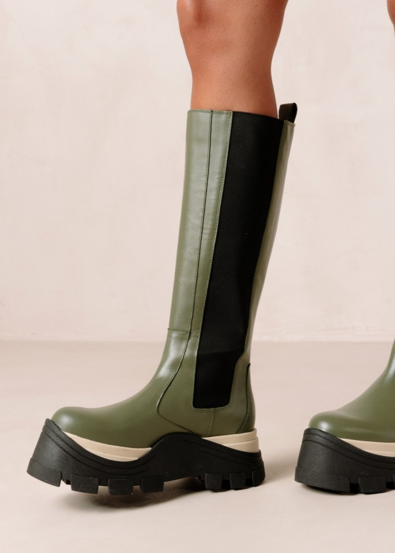 Women's Alohas Roxie Chess Leather Knee-high Boots With Platform Soles Chelsea Boots Green NZ | Z4F-2537