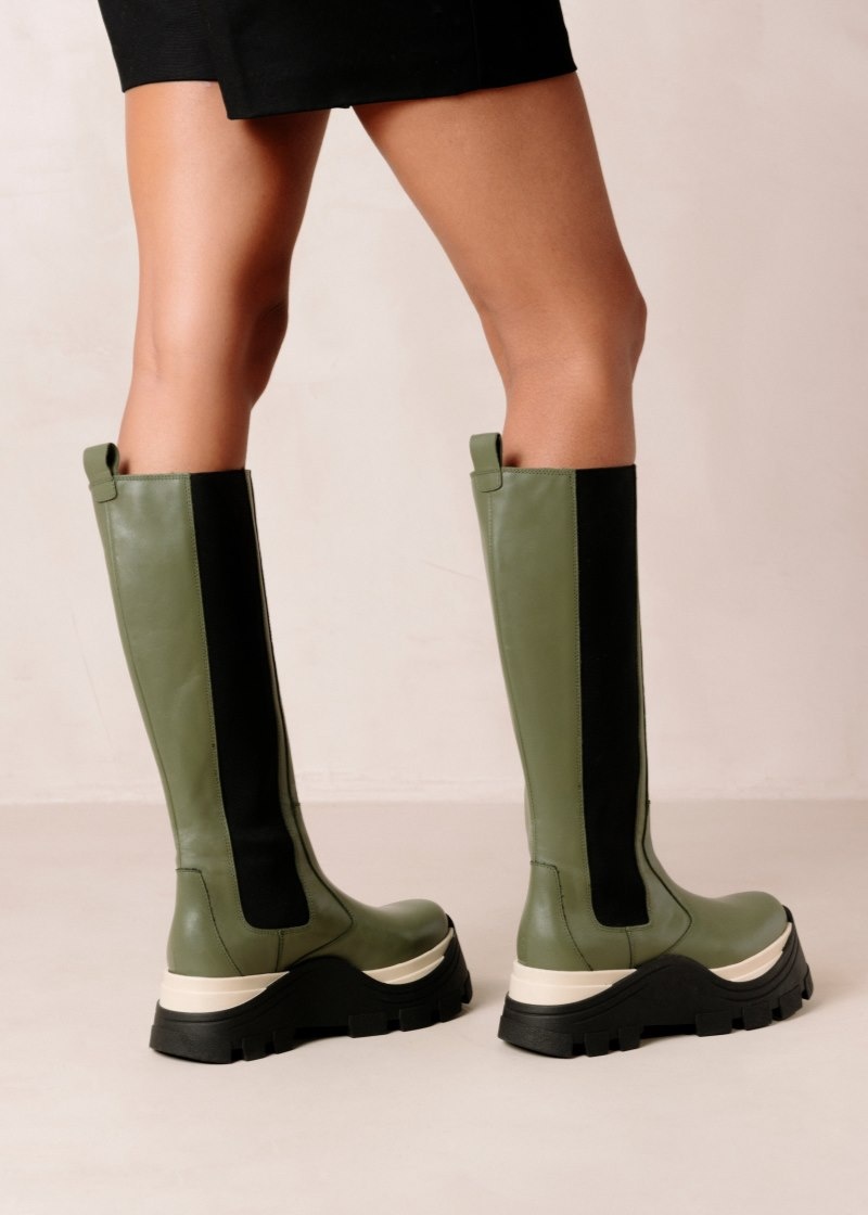 Women's Alohas Roxie Chess Leather Knee-high Boots With Platform Soles Chelsea Boots Green NZ | Z4F-2537