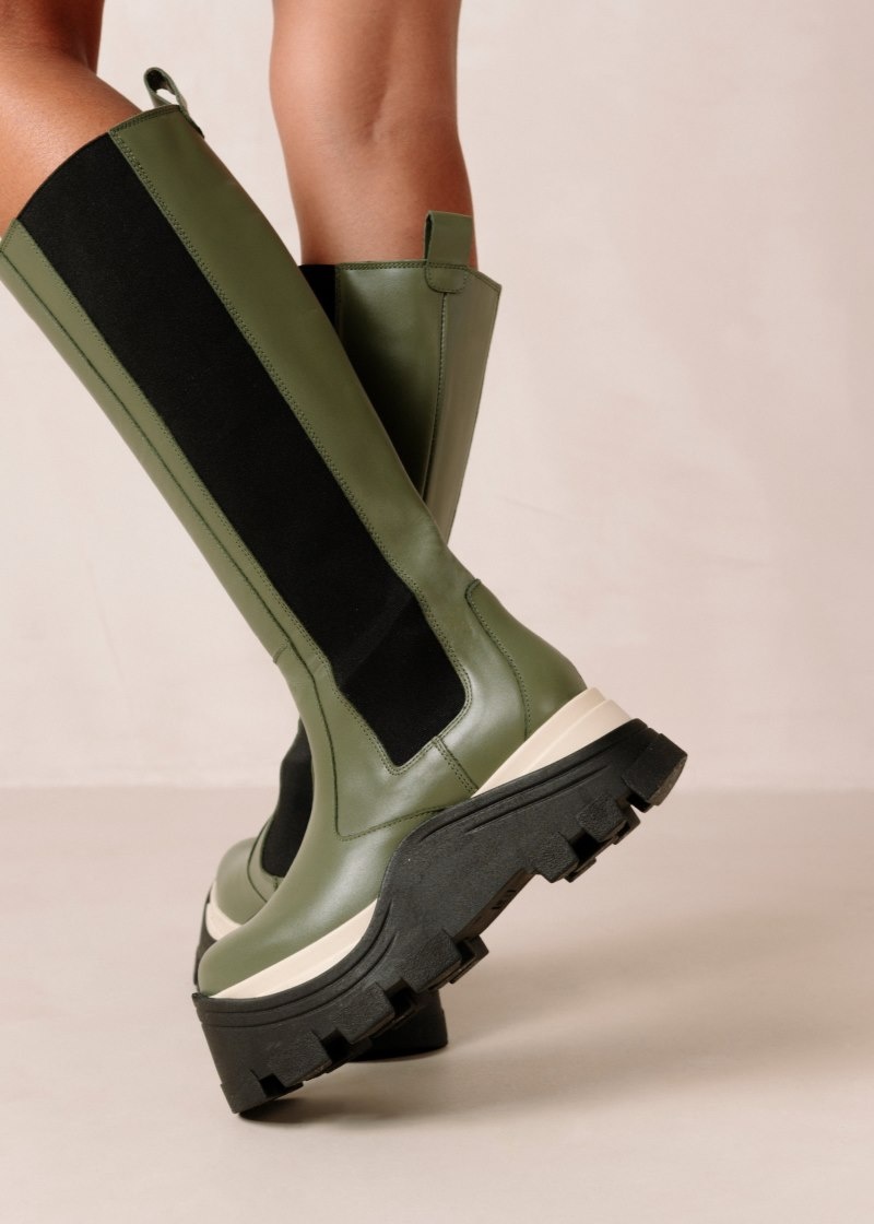 Women's Alohas Roxie Chess Leather Knee-high Boots With Platform Soles Chelsea Boots Green NZ | Z4F-2537