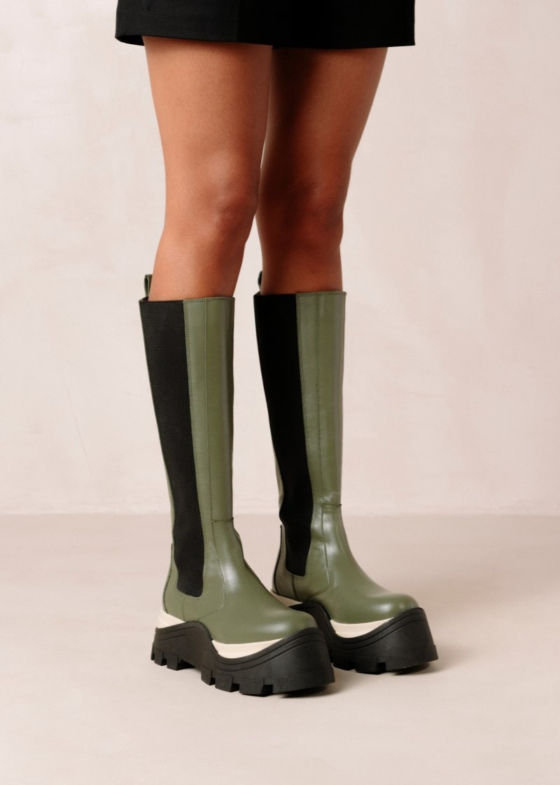 Women's Alohas Roxie Chess Leather Knee-high Boots With Platform Soles Chelsea Boots Green NZ | Z4F-2537