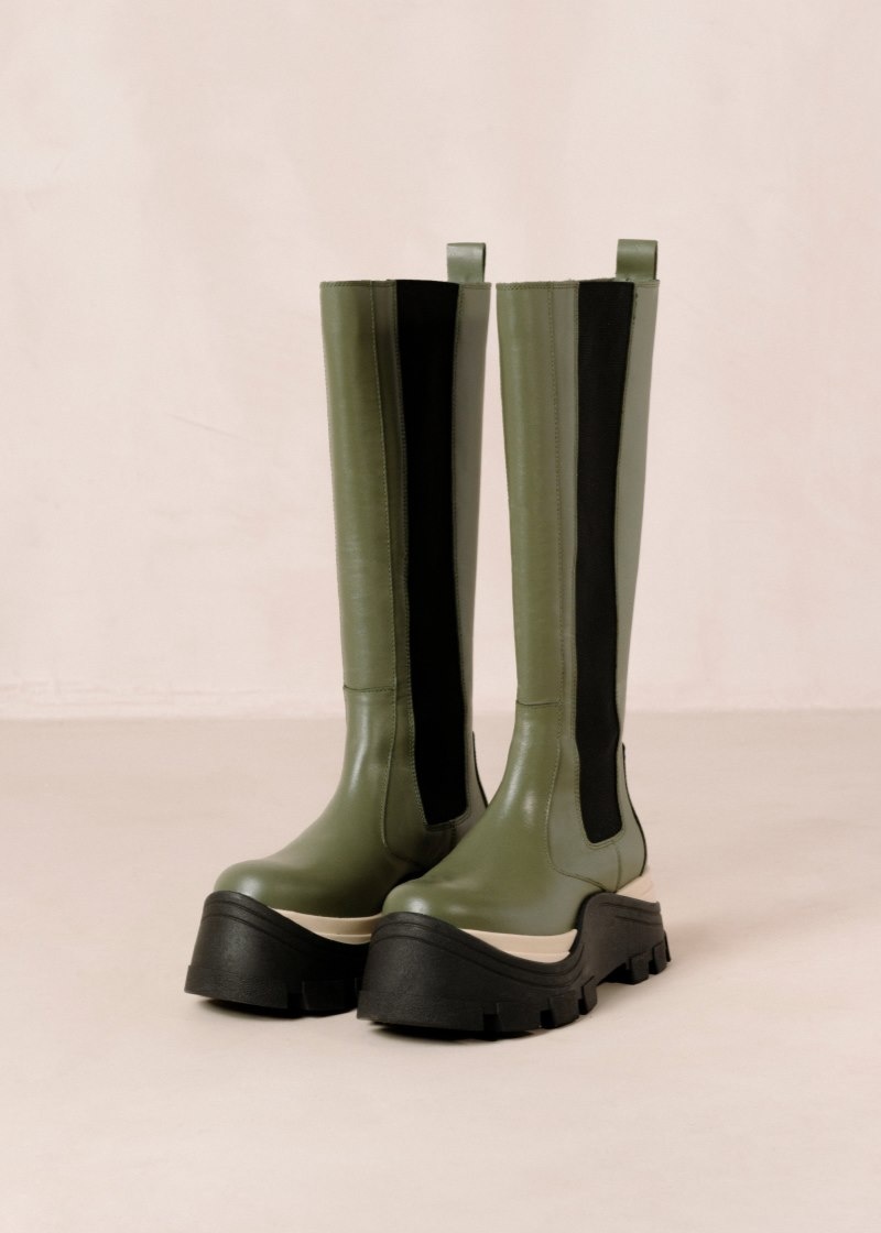 Women's Alohas Roxie Chess Leather Knee-high Boots With Platform Soles Chelsea Boots Green NZ | Z4F-2537