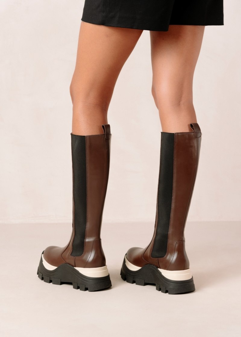 Women's Alohas Roxie Chess Leather Knee-high Boots With Platform Soles Chelsea Boots Coffee NZ | Q7J-3292