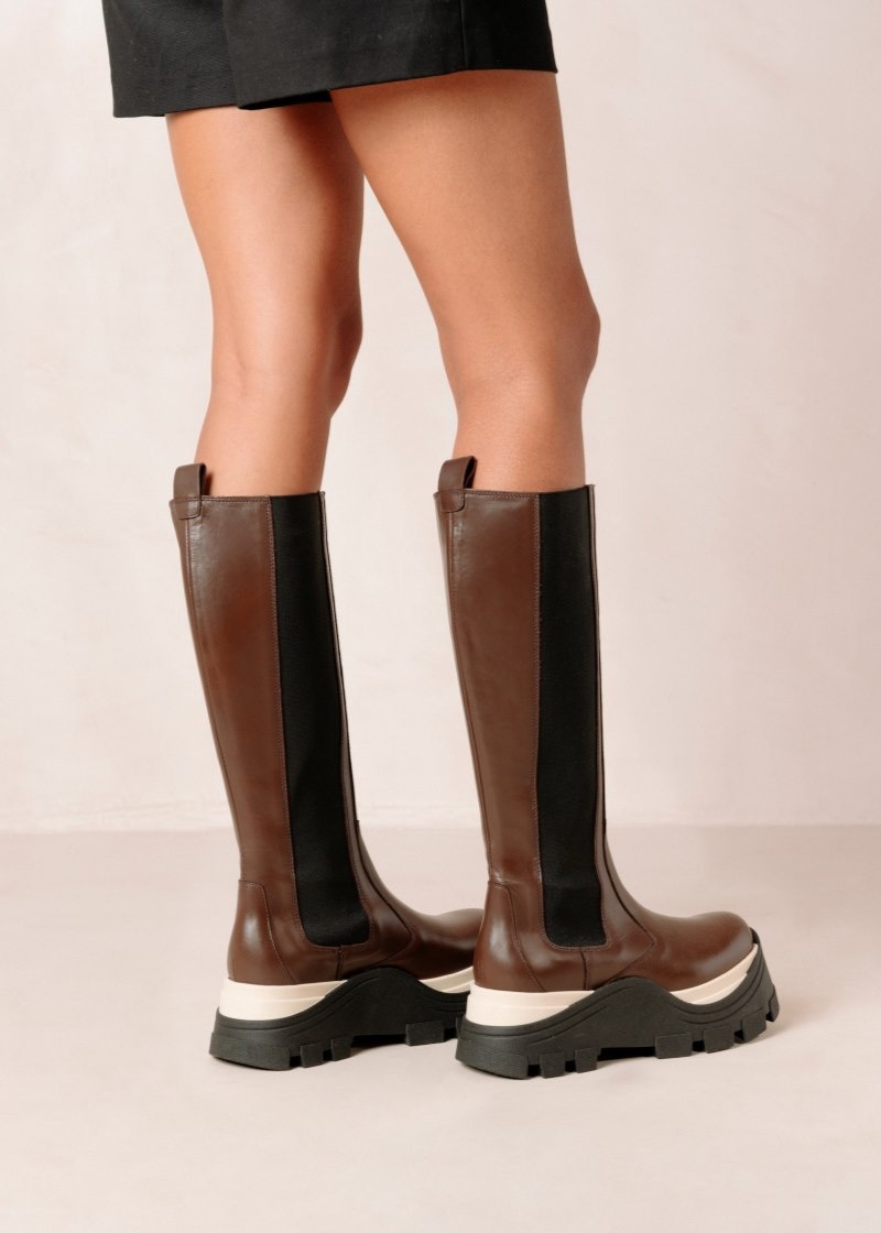 Women's Alohas Roxie Chess Leather Knee-high Boots With Platform Soles Chelsea Boots Coffee NZ | Q7J-3292