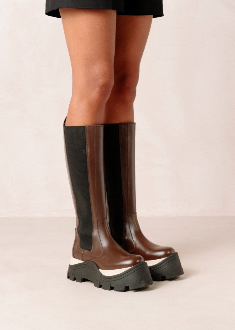 Women's Alohas Roxie Chess Leather Knee-high Boots With Platform Soles Chelsea Boots Coffee NZ | Q7J-3292