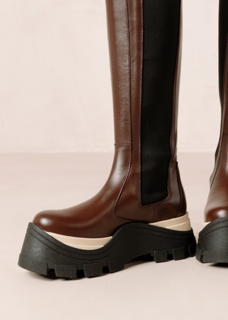 Women's Alohas Roxie Chess Leather Knee-high Boots With Platform Soles Chelsea Boots Coffee NZ | Q7J-3292