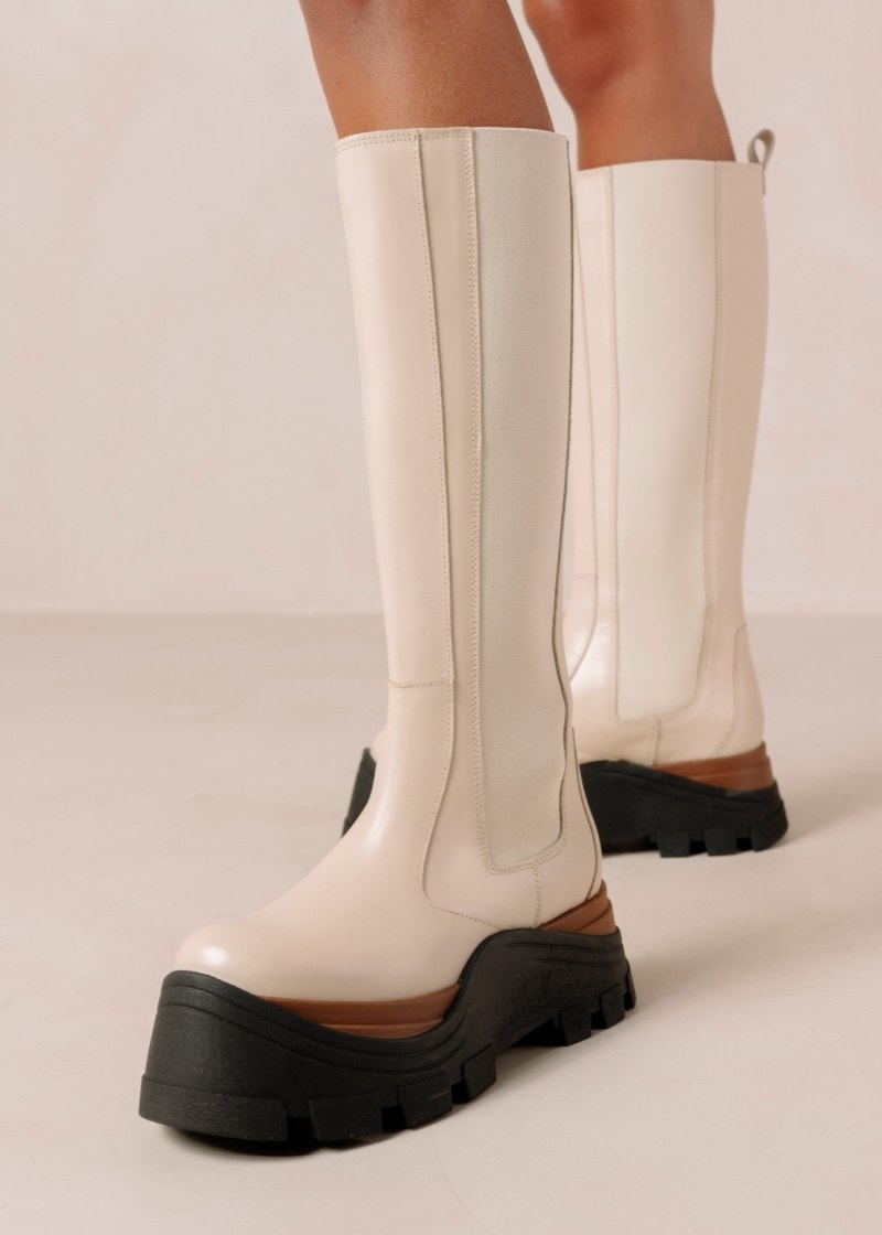 Women's Alohas Roxie Nutty Leather Knee-high Boots With Contrast Soles Chelsea Boots Cream NZ | O1X-4770