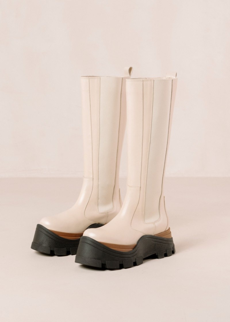 Women's Alohas Roxie Nutty Leather Knee-high Boots With Contrast Soles Platform Boots Cream NZ | N9J-5636