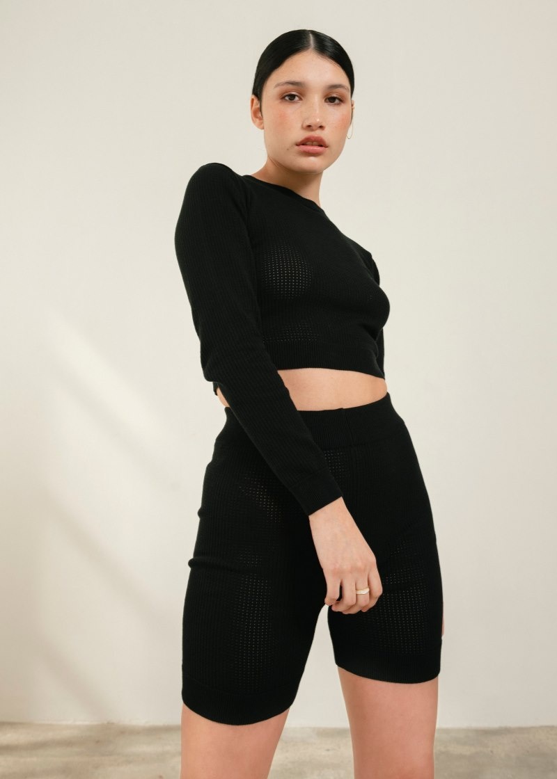 Women's Alohas Roy Long Sleeve Knit Crop Top Sweaters Black NZ | S7V-1918