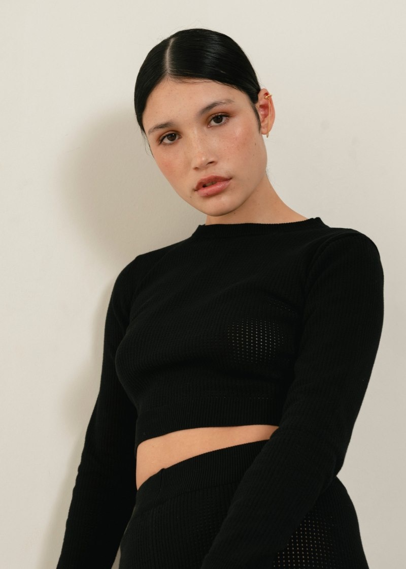 Women's Alohas Roy Long Sleeve Knit Crop Top Sweaters Black NZ | S7V-1918