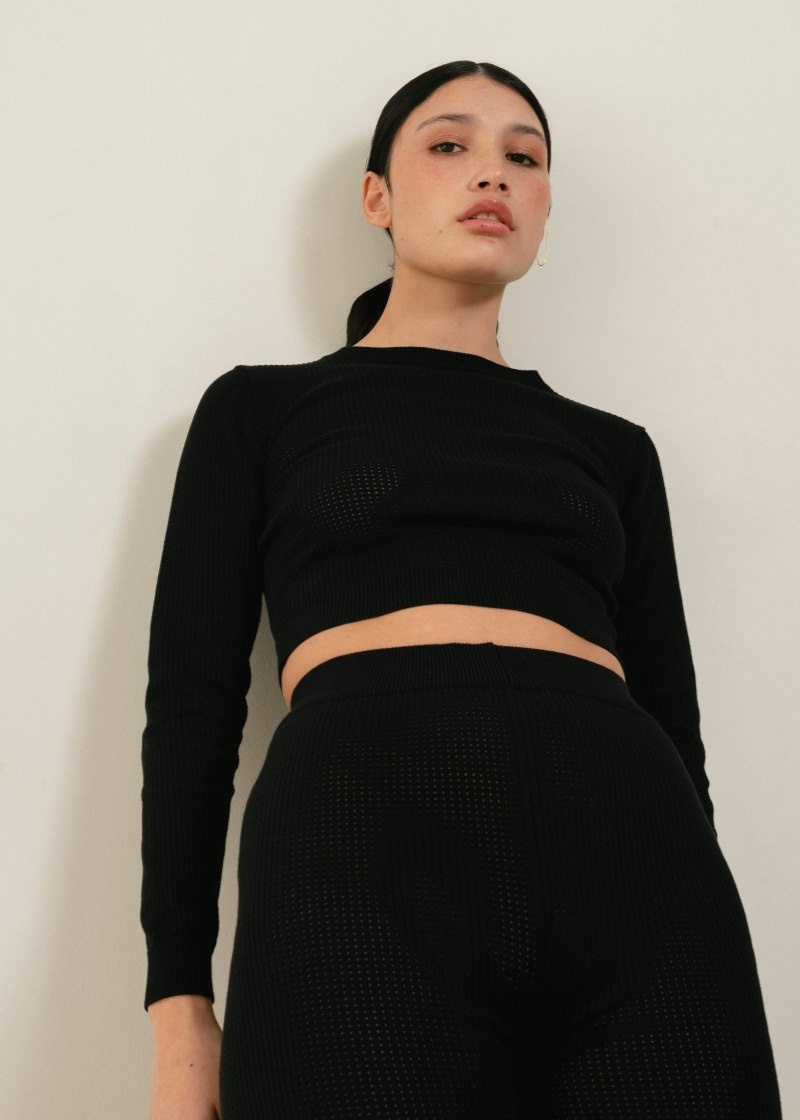 Women's Alohas Roy Long Sleeve Knit Crop Top Sweaters Black NZ | S7V-1918