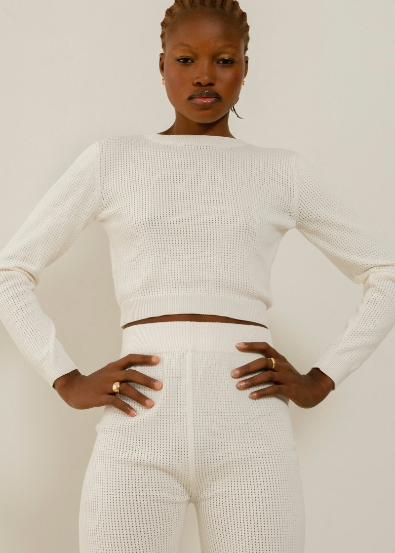 Women's Alohas Roy Long Sleeve Knit Crop Top Sweaters White NZ | M6C-0525