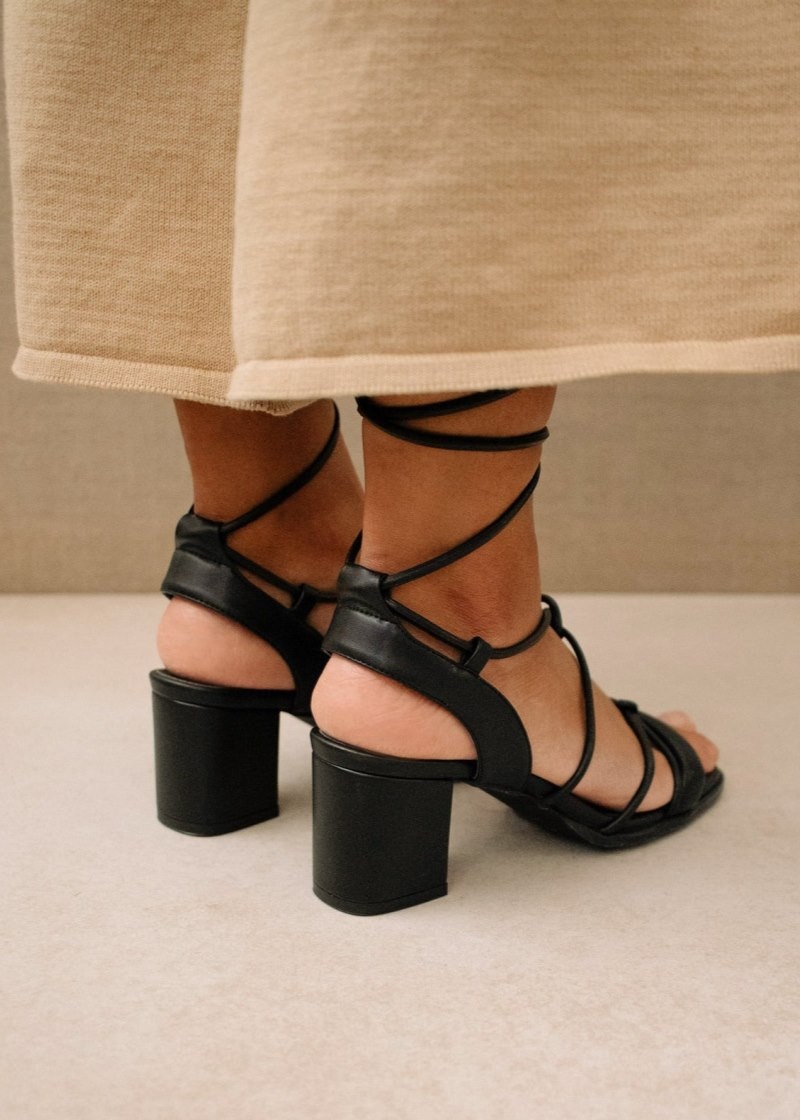 Women's Alohas Sophie Vegan Leather Lace-up Sandals With Block Heel Heels Black NZ | M7B-3444