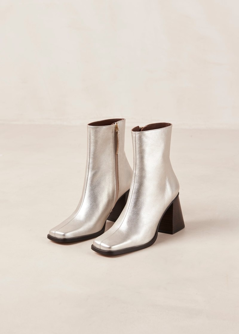 Women's Alohas South Shimmer Leather Ankle Boots With Block Heel Ankle Boots Silver NZ | L6V-5583