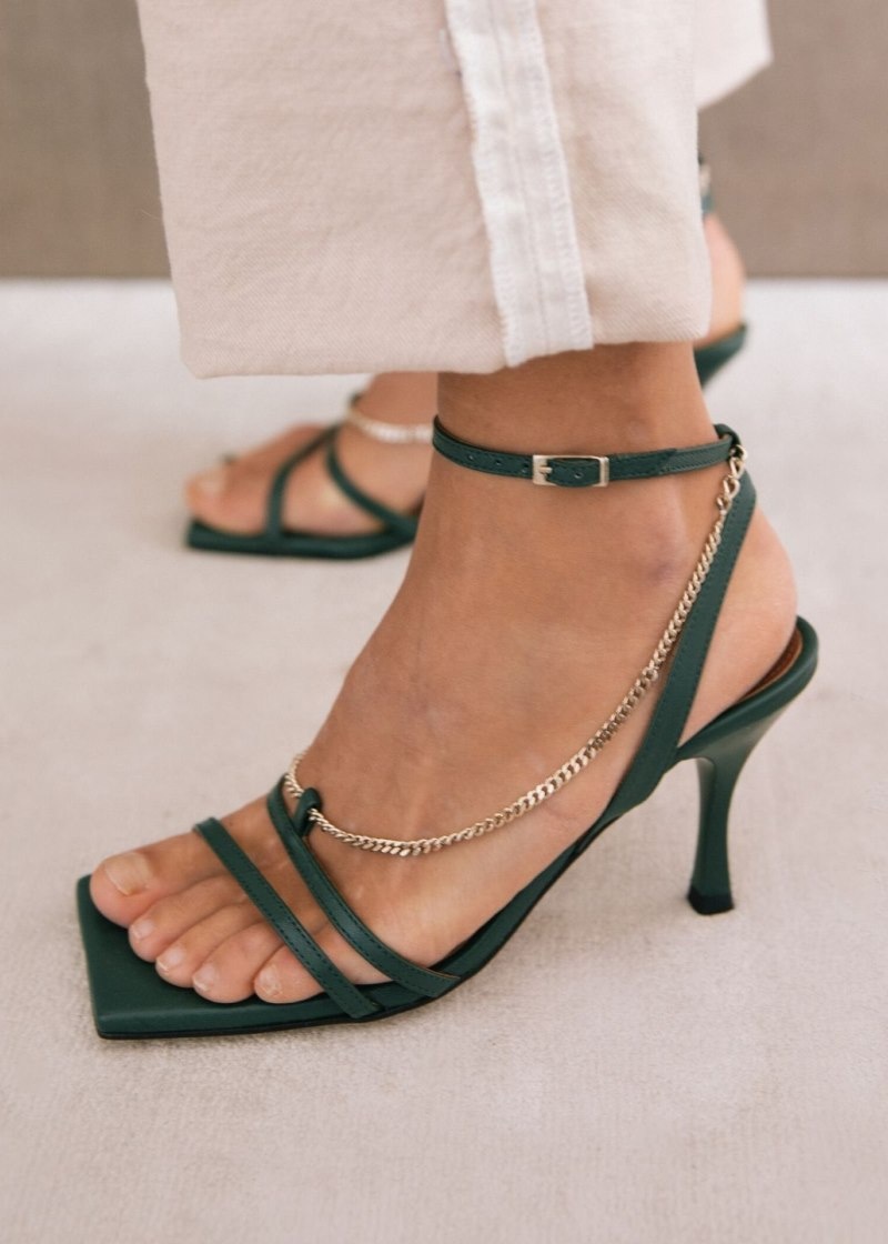 Women's Alohas Straps Chain Leather Chain Strap Sandals Heels Green NZ | P3D-7247