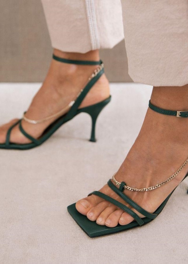 Women's Alohas Straps Chain Leather Chain Strap Sandals Heels Green NZ | P3D-7247