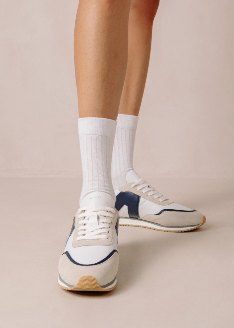 Women's Alohas TB.015 Leather Retro Style Sneakers Flat Sneakers White / Navy NZ | P3G-3793