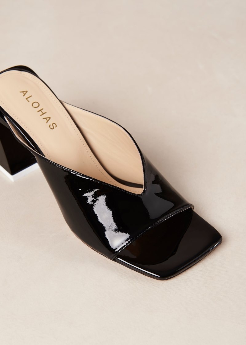 Women's Alohas Tasha Patent Leather Mules With Block Heel Heels Black NZ | U8Y-2347