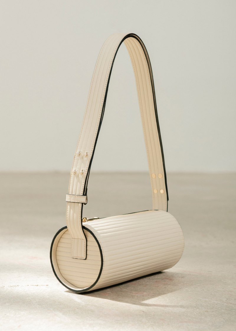 Women's Alohas The I Pleated Ribbed-effect Leather Cylinder Shoulder Bag Handbags White NZ | I2O-1948