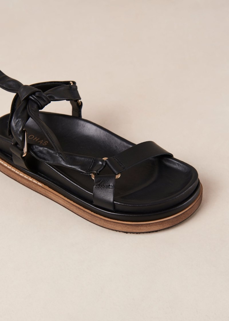 Women's Alohas Tied Together Leather Sport-inspi Flat Sandals Sandals Black NZ | G4D-4652