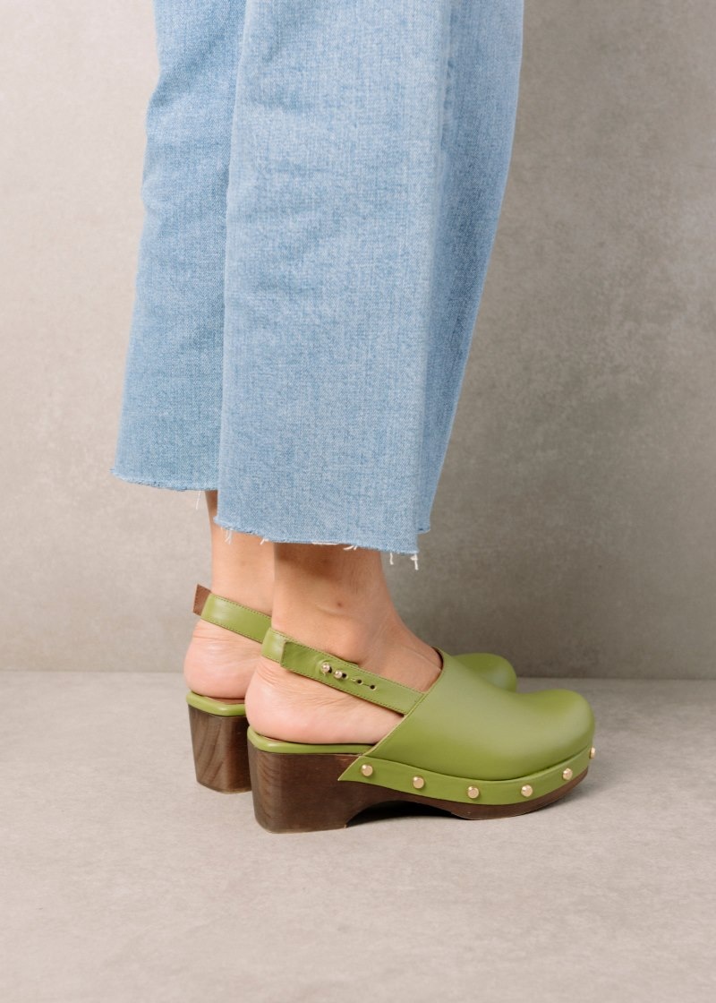 Women's Alohas Vinyl Leather Clogs With Wooden Heel Clogs Green NZ | P9H-8870