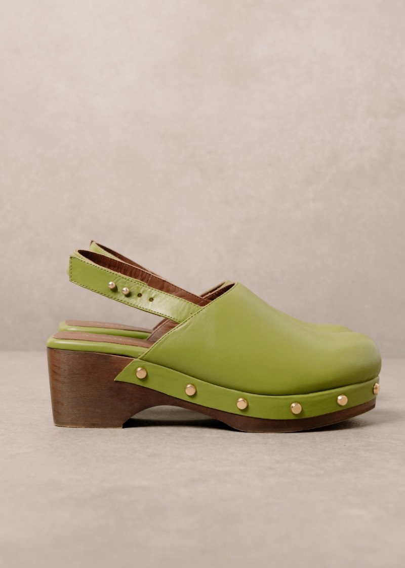 Women's Alohas Vinyl Leather Clogs With Wooden Heel Clogs Green NZ | P9H-8870