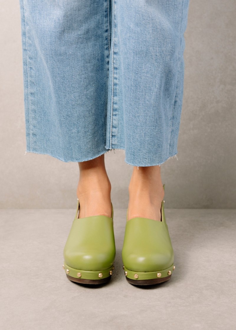 Women's Alohas Vinyl Leather Clogs With Wooden Heel Clogs Green NZ | P9H-8870