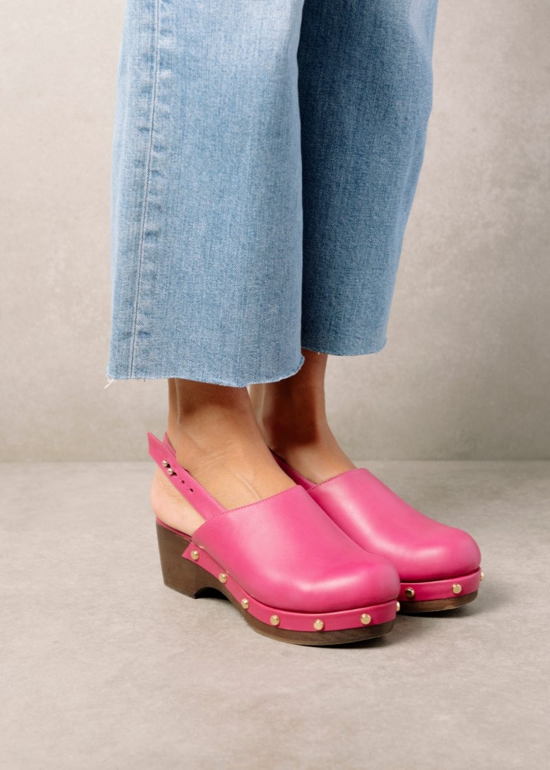 Women's Alohas Vinyl Leather Clogs With Wooden Heel Clogs Pink NZ | H0O-2462