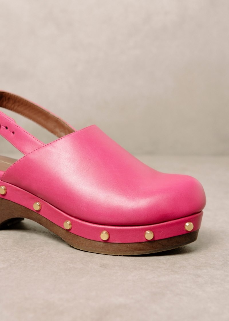 Women's Alohas Vinyl Leather Clogs With Wooden Heel Clogs Pink NZ | H0O-2462