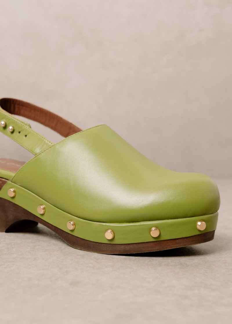 Women's Alohas Vinyl Leather Clogs With Wooden Heel Heels Green NZ | E4Q-8025