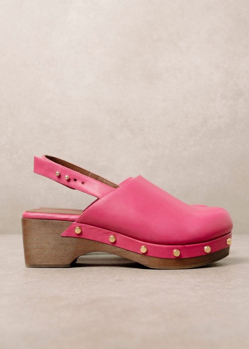 Women's Alohas Vinyl Leather Clogs With Wooden Heel Heels Pink NZ | G1E-0420